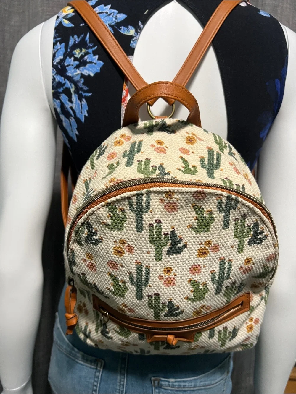 Cactus Print Woven Cotton-blend Mini Backpack - Tan Trim